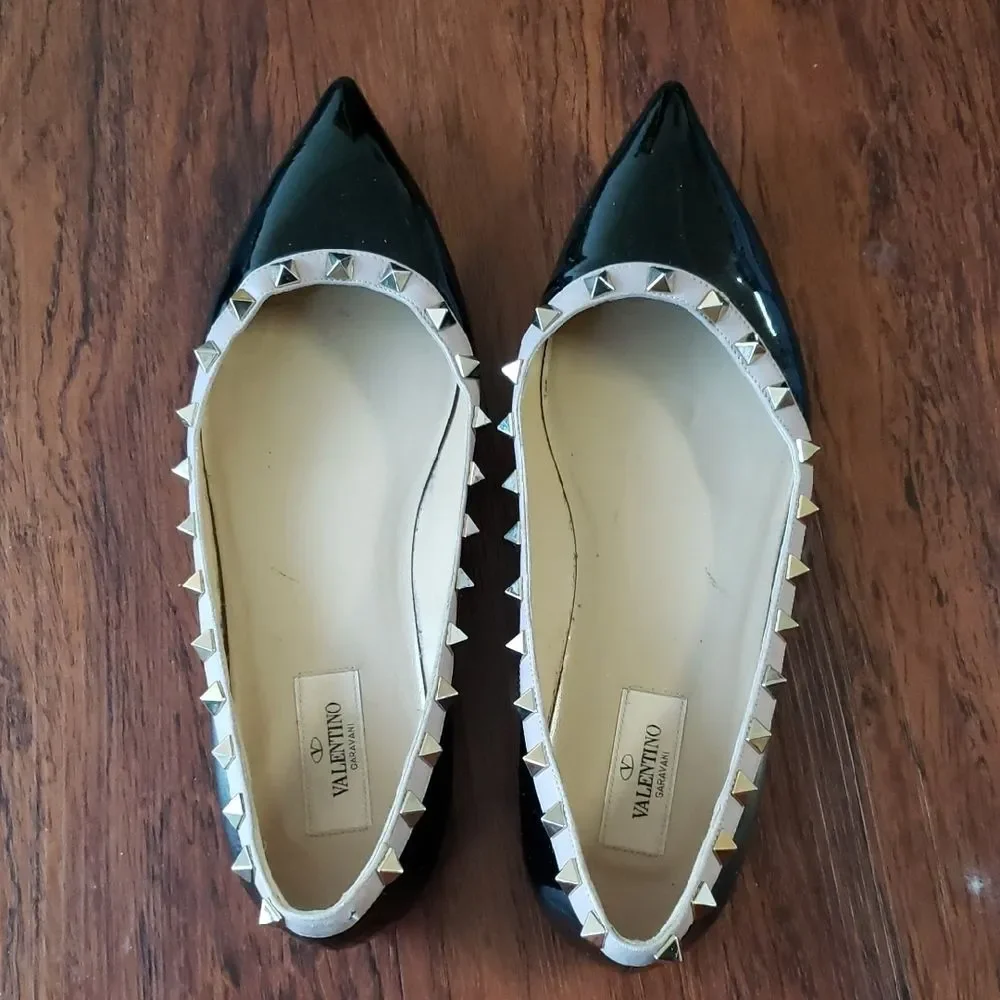 Valentino Black Patent Leather Ballet Flats Pink Trim Gold Studs Size 39.5